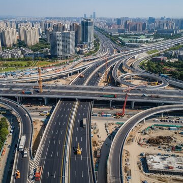 An expansive aerial photograph showcasing a complex road construction project and urban infrastructure development under bright daylight, work, construction, planning