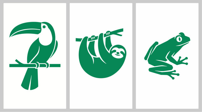 Green vector illustration featuring stylized jungle animals including a toucan a hanging sloth and a small sitting rain forest frog