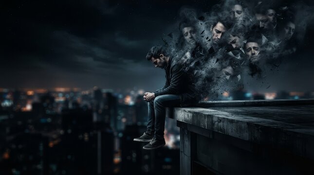 Sad man sitting on rooftop edge with dark thoughts and faces of despair emerging from smoke. Mental health struggle, depression and inner demons