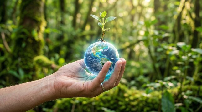 Human Hand Holding Glowing Earth Globe with Sprout Plant for Sustainability and Eco-Friendly Concept