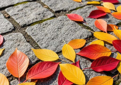 Close-up view of vibrant autumn leaves scattered across textured gray stone pavement, showcasing a seasonal transition in the city streets, november, walkway, path
