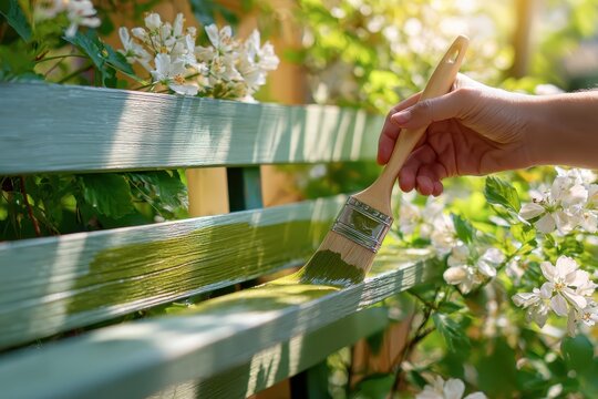 Worker hand, protected staining a wooden railing with paintbrush. White oil for protection of wood lattice with diagonal pattern. Painting for protecting pests. Applying finish to garden backyard deck