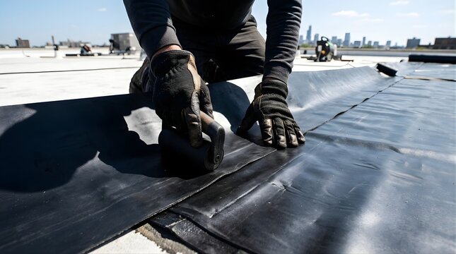 Professional roofer installing black rubber membrane on a building roof