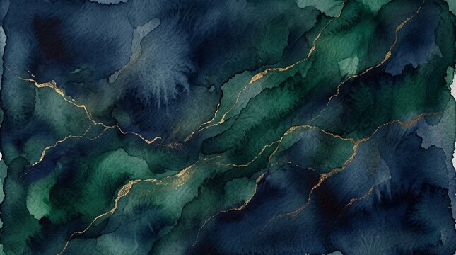 Dark Moody Watercolor Background with Deep Emerald Green, Navy Blue and Gold Veins