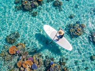 Stand up paddleboarder exploring shallow tropical coral reef from above with paddleboarder tropical transparent turquoise ecosystem underwater activity recreation vacation adventure © Nazma Akter 