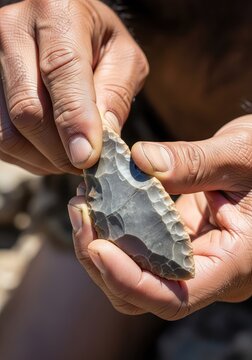 Macro shot of weathered prehistoric hominid hands inspecting the sharp edge of a flint stone tool from the early paleolithic age in nature, mineral, homo habilis, stone tool