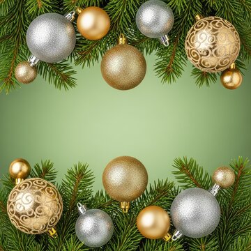 Lush green fir branches adorned with shimmering gold and silver ornaments rest on a matching background, creating a magical festive display, metallic, winter, still life