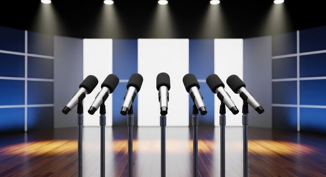 Podium microphones stand ready on a stage with soft lighting for a formal public debate focused on critical global issues and negotiations, discussion, negotiation, argument