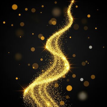 Radiant gold glitter particles cascade in a fluid motion against a deep black backdrop, accented by soft bokeh spheres and shimmering light, wealth, golden, christmas