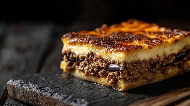 Macro greek moussaka layered baked eggplant ground beef rich creamy bechamel crust dark slate board