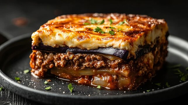 Classic greek moussaka slice baked eggplant minced meat creamy bechamel sauce dark plate authentic recipe
