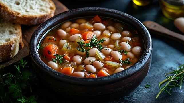Hot traditional greek fasolada white bean soup carrots fresh herbs dark rustic ceramic bowl comfort food