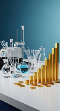 Sterile laboratory glassware sits beside a growing financial bar chart and golden coins, representing global health security and funding, glass, innovation, liquid