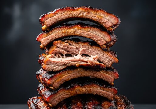 Succulent grilled pork ribs are stacked high with smoky glaze shimmering on tender meat, charred to perfection against a dark background, delicious, juicy, glaze