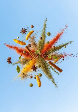 Vibrant assortment of colorful dry spices and aromatic herbs exploding in a clear blue sky, creating a dynamic motion blur of flavor, blast, dusty, seeds