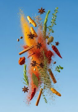 Vibrant assortment of colorful dry spices and aromatic herbs exploding in a clear blue sky, creating a dynamic motion blur of flavor, nature, dynamic, movement