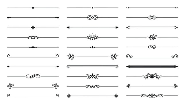 Vintage decorative dividers and ornamental line borders, 30 elegant black vector flourishes, classic filigree page separators for wedding stationery