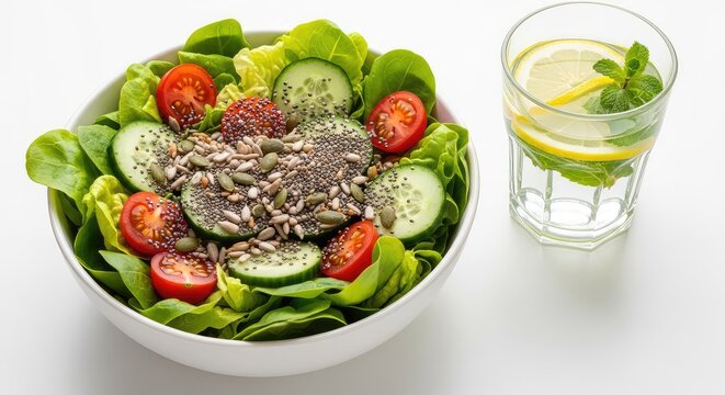 Vibrant bowl of fresh green salad with tomatoes, cucumber, and seeds, paired with a glass of water infused with lemon and mint, raw, vegetables, minerals