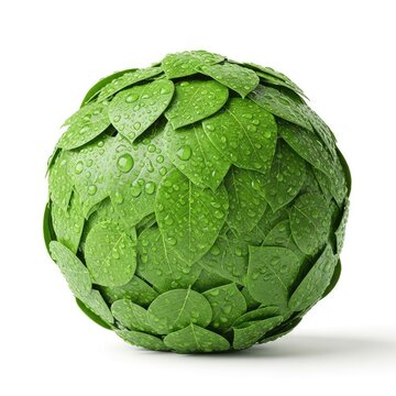 Vibrant green leaves tightly cover a spherical object covered in glistening water droplets, resting against a clean and simple backdrop, sustainable, clean, ecology