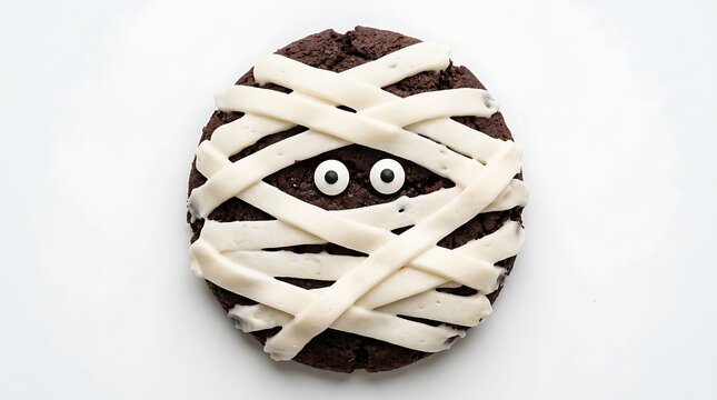 Halloween mummy cookie with white icing bandages and candy eyes isolated on white background