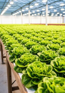 Vibrant rows of organic green lettuce growing in a modern glass greenhouse on rustic wooden tables under bright artificial lighting, production, tables, food