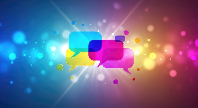 Vibrant speech bubbles float over a radiant abstract background filled with soft bokeh effects and a spectrum of vivid, glowing colors, round, vibrant, light