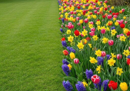 Vibrant spring garden with a lush green lawn highlighting a dense mixborder of blooming tulips, yellow daffodils, and purple hyacinths, bloom, botanical, landscape