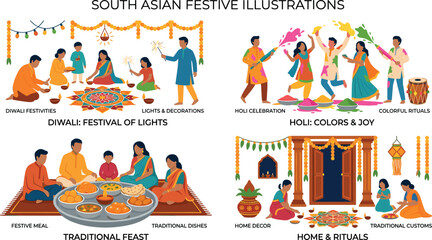 Fototapeta premium South Asian Festive Illustration Set featuring Diwali Festival of Lights Holi Color Celebration Traditional Feast and Home Rituals with Indian Families