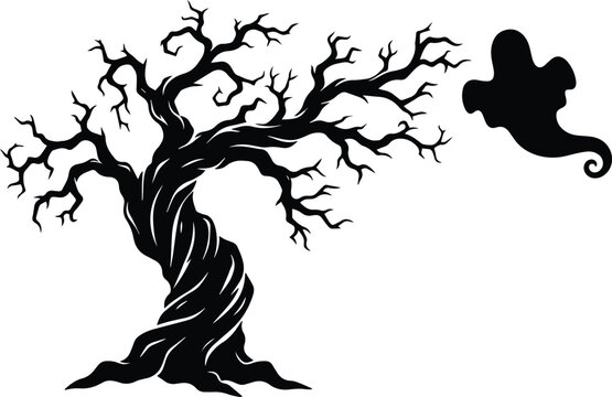 Haunted tree and floating ghost silhouette vector illustration for creepy halloween night graphic design concepts