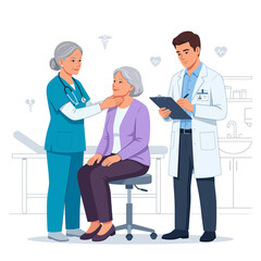 Fototapeta premium Doctor and Nurse Examine Senior Woman Patient in Medical Clinic - Healthcare Concept