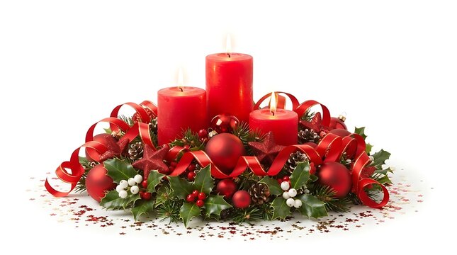 Christmas advent wreath with three red candles and festive decorations isolated on white background