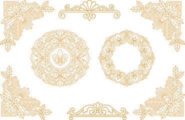 Ornate circular frames and geometric corners with gold lines for premium luxury branding. © MstZobeda