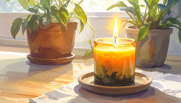 Lit candle and potted plants on a wooden table