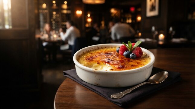 Elegant Cr&egrave;me Br&ucirc;l&eacute;e Dessert In A Restaurant Setting With Berries And Mint Garnish