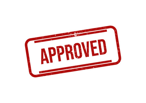 Red approved stamp with bold white text isolated on transparent background