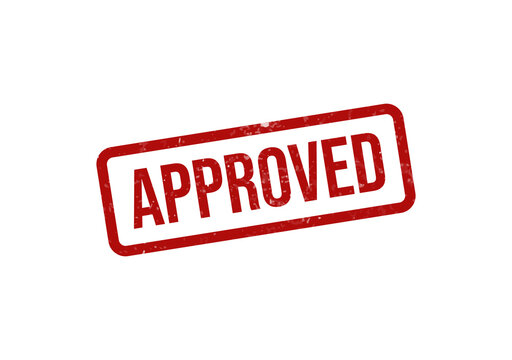 Red approved stamp with bold white text isolated on transparent background