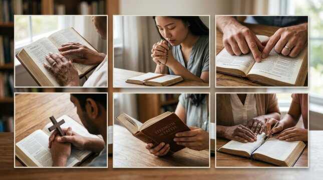Diverse people studying the Bible and praying together in a peaceful indoor setting.