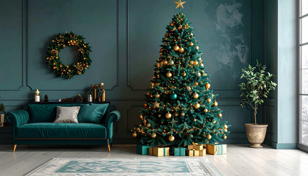 Festive Christmas tree and couch in a decorated room