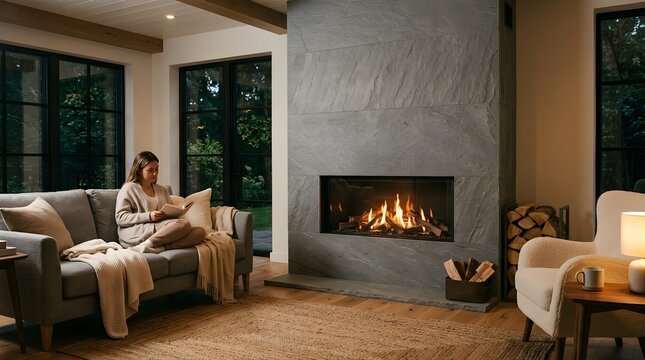 Woman reading a book on a sofa by a cozy modern fireplace at home