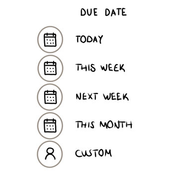 Hand Drawn Due Date Options with Calendar Icons.  Hand drawn due date options featuring calendar and user icons with labels for today, this week, next week, this month, and custom dates, designed for 
