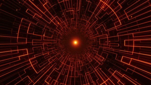 Movement through a digital tunnel of glowing orange lines rushes toward a bright core, creating a sense of high speed. The animation conveys concepts of cybersecurity, big data, and modern technology.