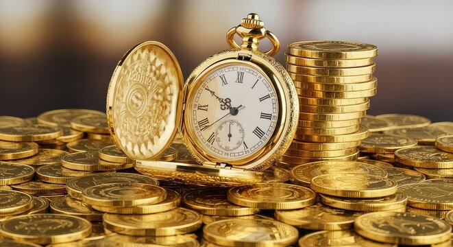 A polished vintage pocket watch rests on a dense heap of shiny gold coins, symbolizing the precious relationship between hours and wealth, asset, savings, capital