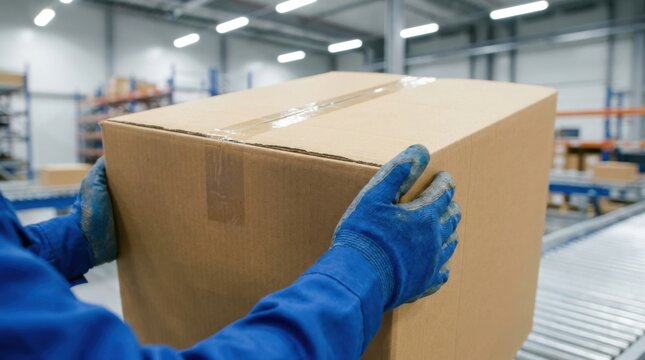 Warehouse worker in blue gloves handling large cardboard shipping box for logistics and e-commerce fulfillment