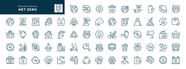 Obraz premium Net zero outline icons set. Carbon, green energy and recycling. Green Planet. Line icon in linear style. Vector collection 