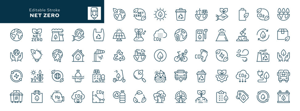 Net zero outline icons set. Carbon, green energy and recycling. Green Planet. Line icon in linear style. Vector collection	