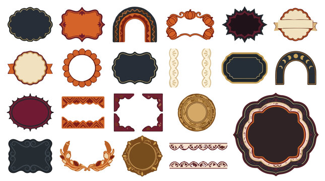 Vintage ornamental frame collection. Retro decorative borders and labels. Antique scroll shapes and arabesques. Classic design elements for invitations and branding.