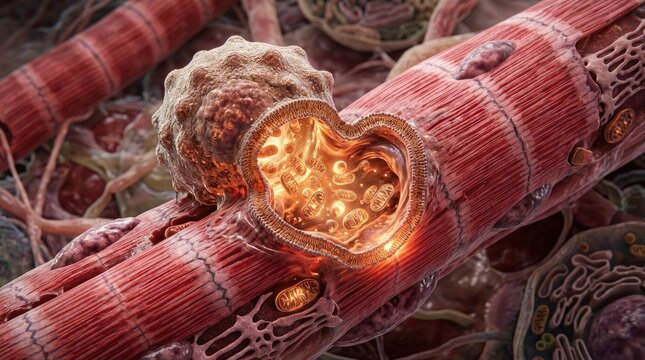 Stem cells regenerating damaged muscle tissue, microscopic view demonstrating cellular growth, bioengineering therapy, medical biotechnology, organic structure active development, human body healing.