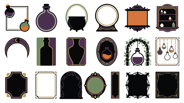 Witch potion bottles, cauldrons and magic frames set, whimsical decorations and vintage borders, Halloween graphics, fantasy art elements for scrapbooking