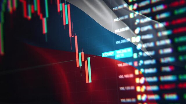 A dynamic timelapse video featuring fast moving stock market candlestick bars blended with a waving Russian flag, representing Russian economy, Moex financial markets, and Eurasia trading dynamics.