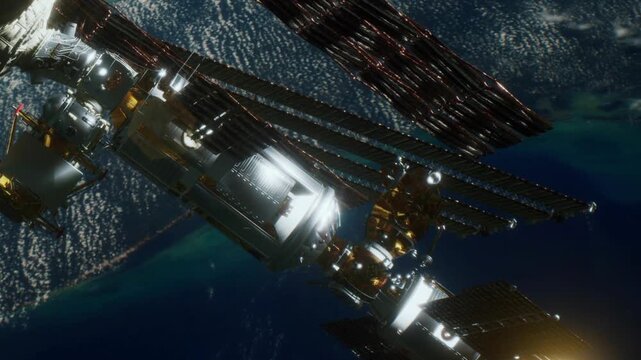 The satellite moves around the earth, showing bright city lights below. The view highlights the connection between technology and space exploration. The scene shows the vastness of space.